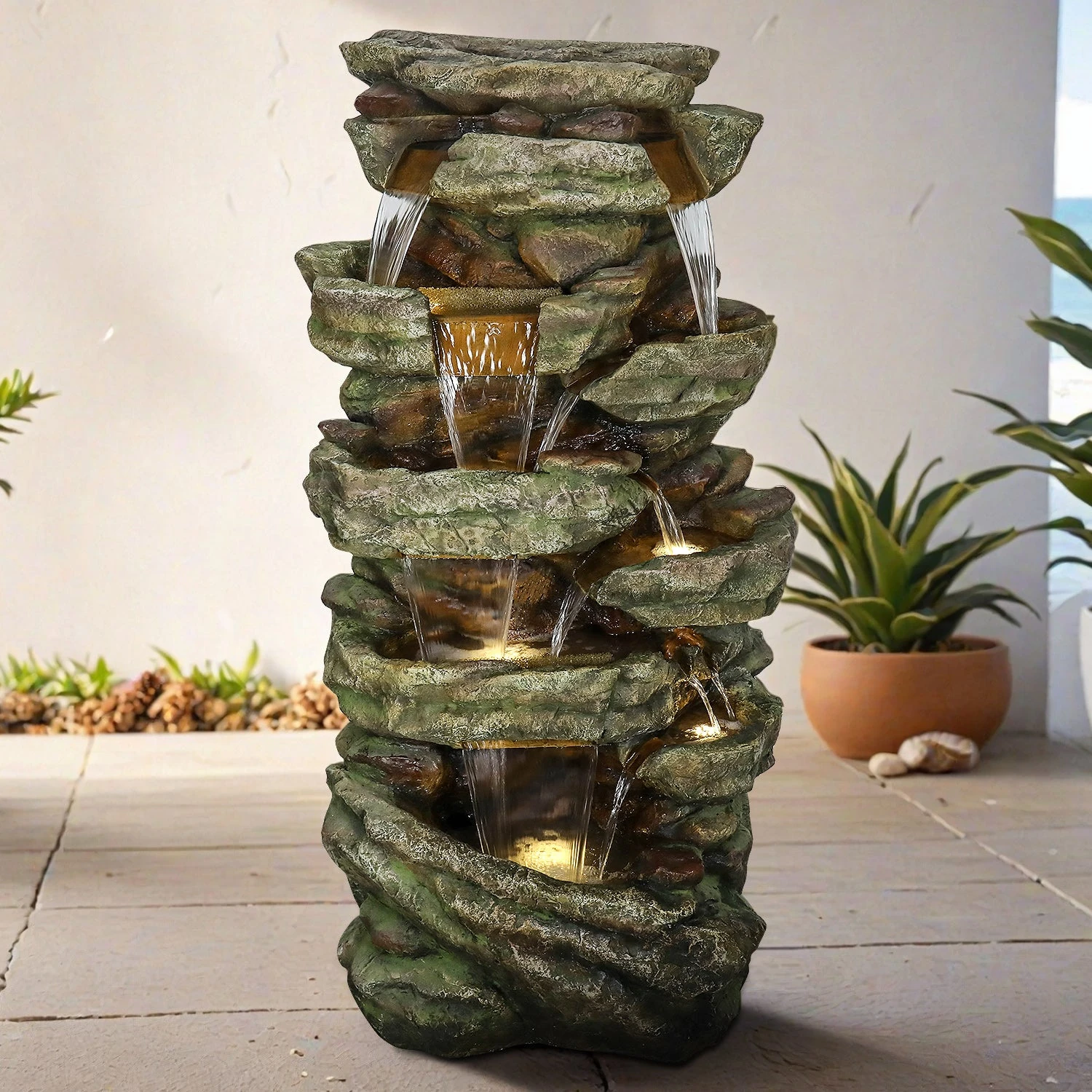 what to put in a bird bath besides water - tiered fountain with birds drinking, clear water sparkling