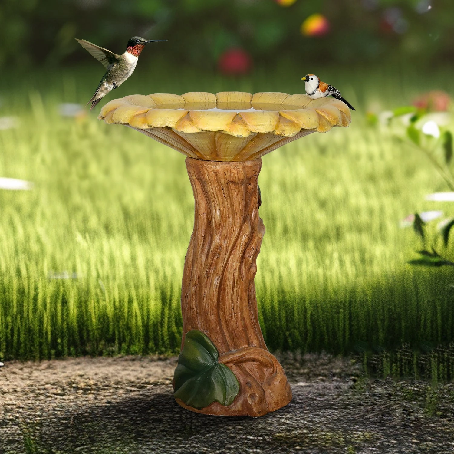 concrete bird bath bowls only - A complete garden scene with a concrete bird bath bowl only as the centerpiece, surrounded by flowers and visiting birds
