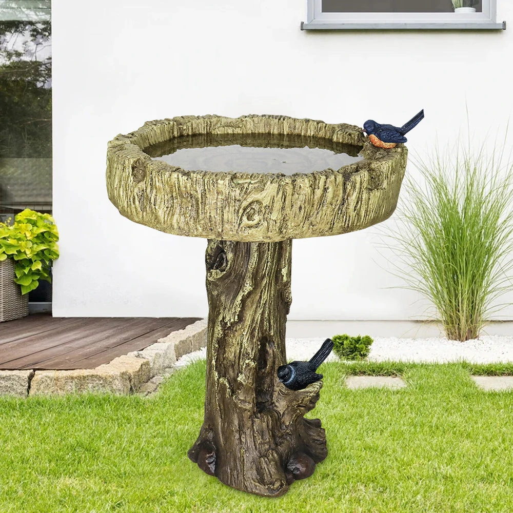 Close-up of a plastic hanging bird bath showing textured basin and rust-resistant hanging chain